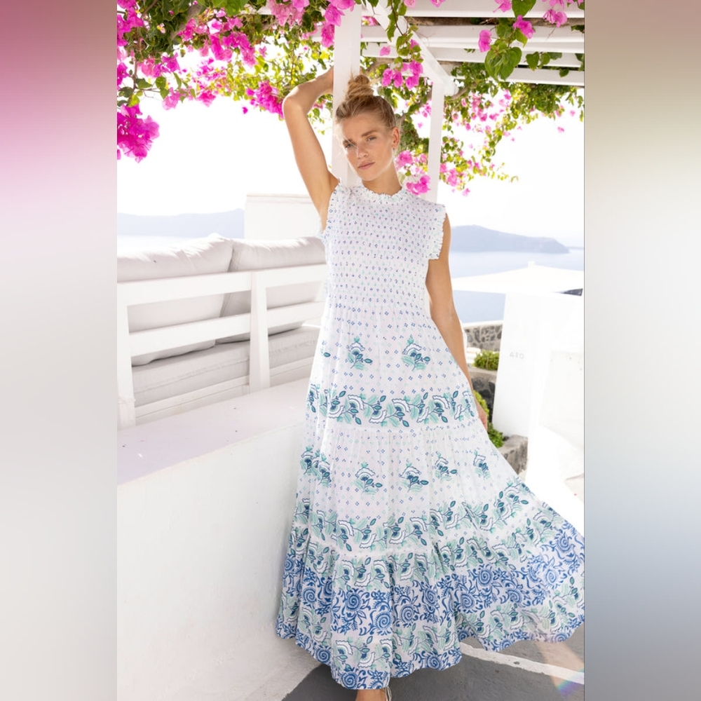 $398 NWT OLIPHANT SMOCKED CORFU BLUE MAXI DRESS XXS - Picture 2 of 2